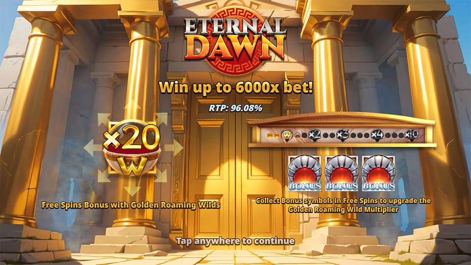 Eternal Dawn introduction screen highlighting the 6,000x max win, wild multipliers, and bonus activation with three scatter symbols.