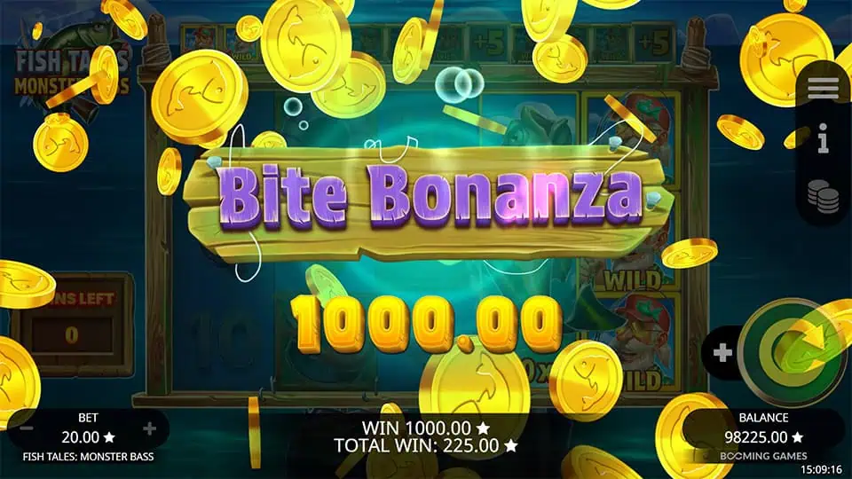 Win screen with Bite Bonanza text and €1,000 reward.