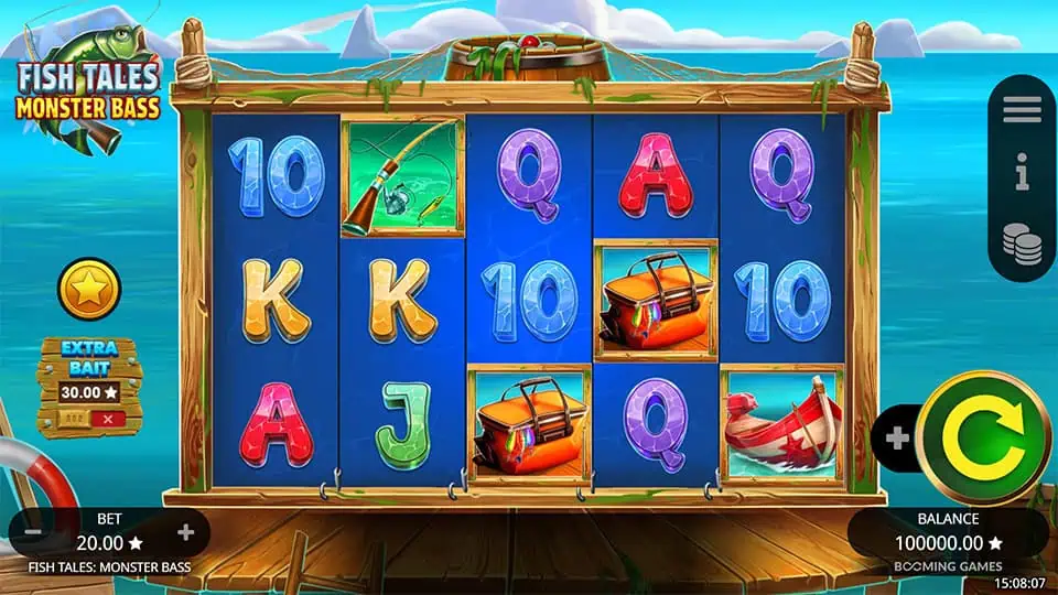 Base game screen with fishing symbols, colorful letters, and tackle box icons.