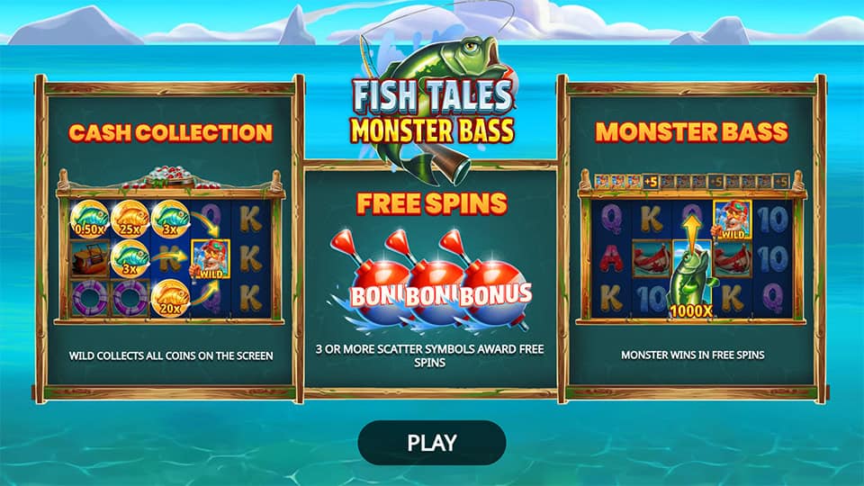 Intro screen with features like cash collection, free spins, and monster wins.