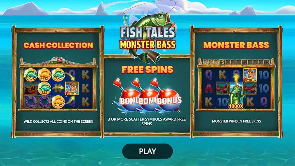 Intro screen with features like cash collection, free spins, and monster wins.