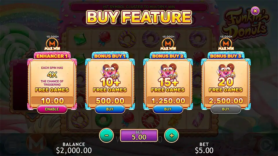 Bonus buy screen with options for enhancers and free spins packages.