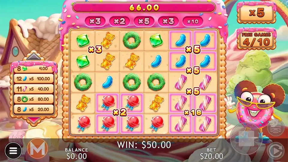 Example of random and super multipliers applied to 2x2 clusters of donuts and gummy bears.