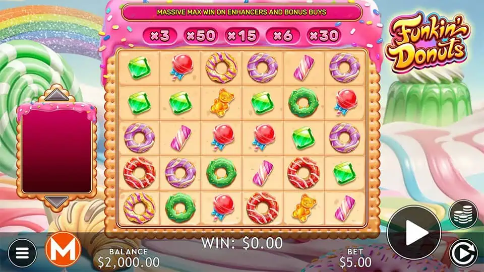 Base game screen showing donuts, candies, gummy bears, and cluster multipliers.