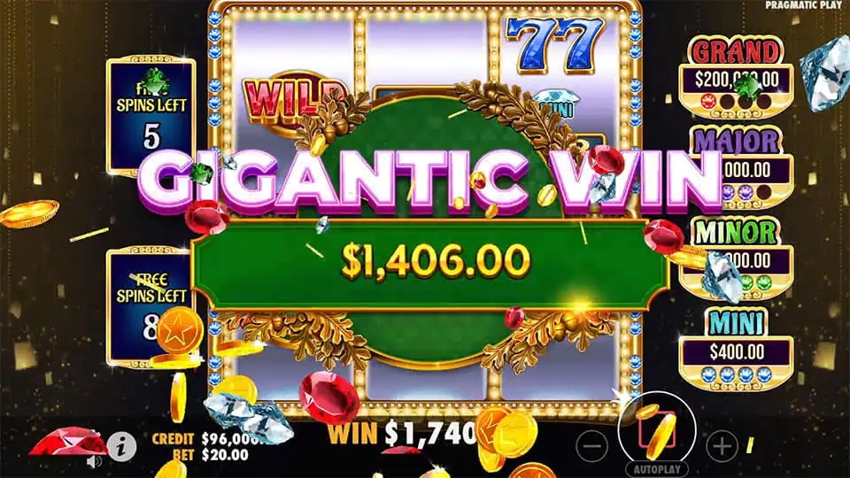 Gigantic Win animation with coins, jewels, and a central prize banner surrounded by glitter.