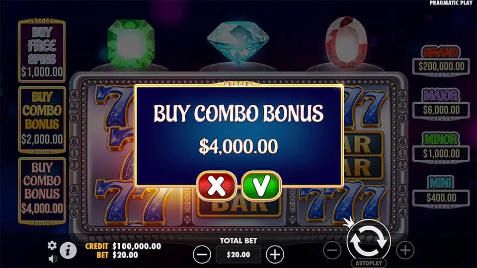 Bonus purchase popup for combo features with a confirmation panel and gem-themed backdrop.
