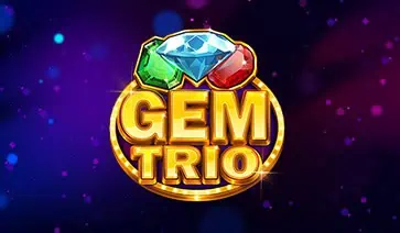 Gem Trio slot logo with red, green, and blue gemstones on a glowing purple background.