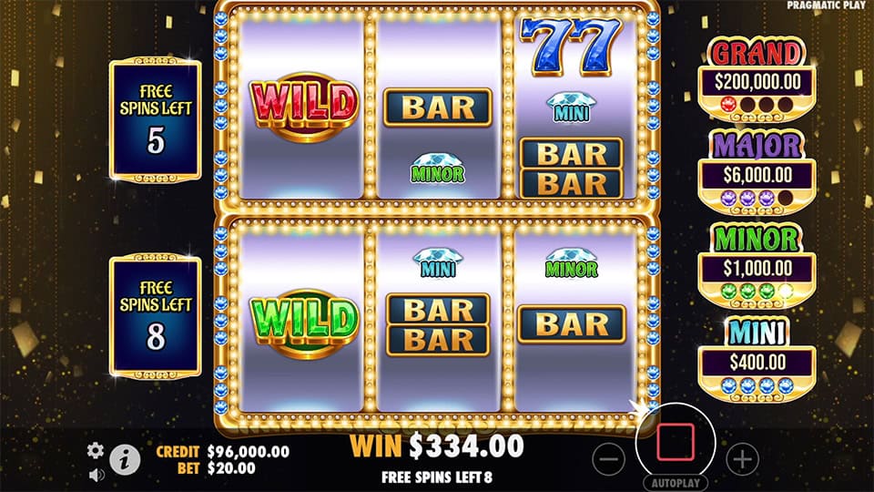 Slot reels showing WILD symbols, 777s, and gem-themed Mini and Minor jackpot labels.