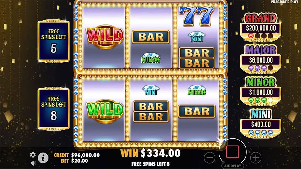 Slot reels showing WILD symbols, 777s, and gem-themed Mini and Minor jackpot labels.