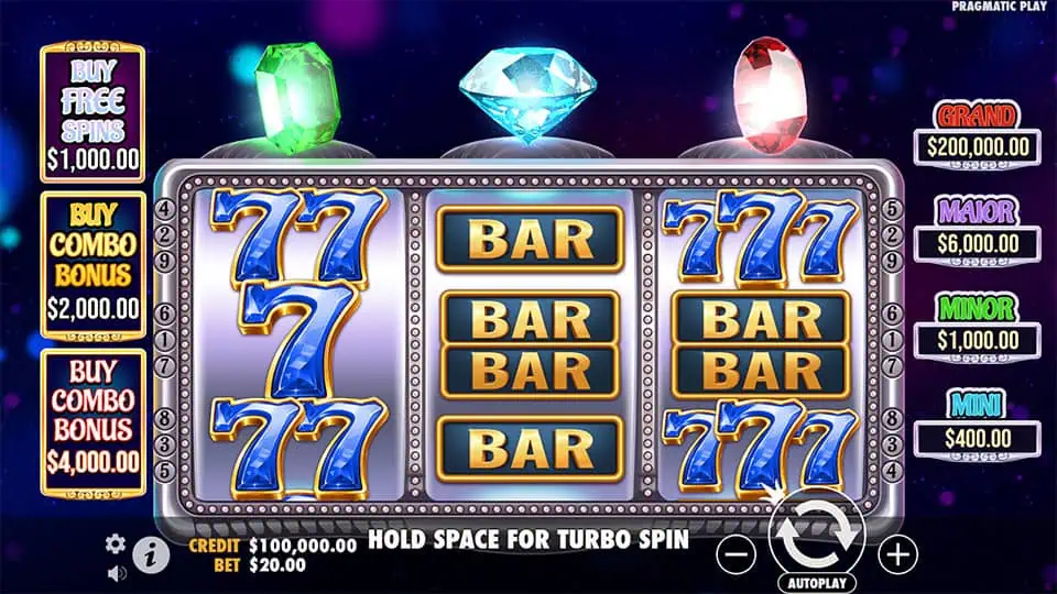 Classic slot setup with 777s, BAR symbols, and diamond jackpot meters on both sides.
