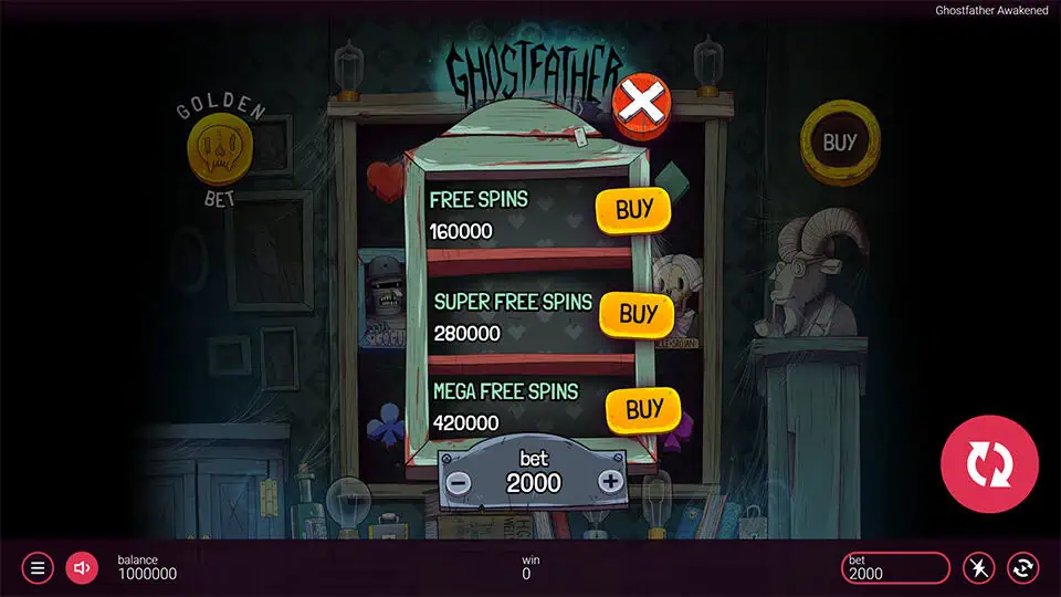 Bonus buy menu offering Free Spins, Super Free Spins, and Mega Free Spins with respective prices.