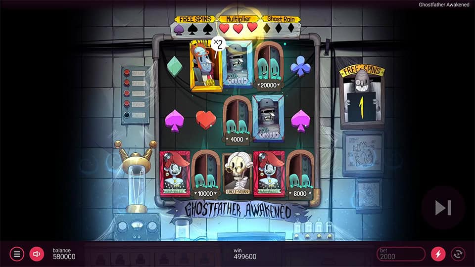 Gameplay with Free Spins active, a 2x multiplier, and ghost symbols stacked in a mad lab environment.