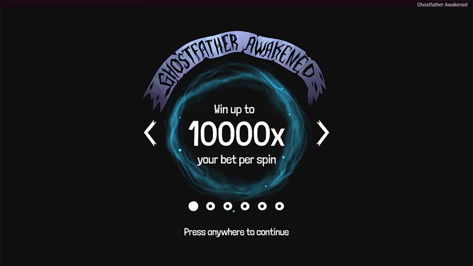 Intro screen featuring the Ghostfather slot logo, buffalo-style prize grid, and a call-to-action to win up to 10,000x your bet.