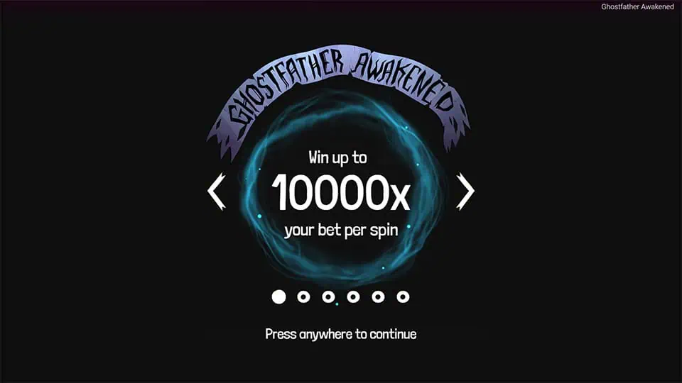Intro screen featuring the Ghostfather slot logo, buffalo-style prize grid, and a call-to-action to win up to 10,000x your bet.
