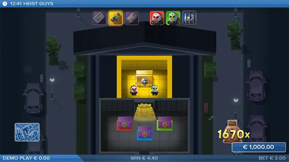 Two robbers inside a golden-lit vault room with 1670x win and glowing safes in pink, purple, and green.