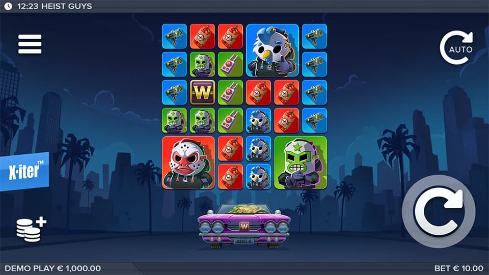 5x5 grid featuring character symbols, weapons, and wilds with a getaway car below and €10.00 bet active.
