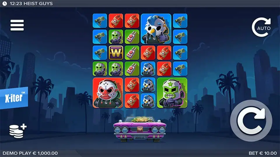 5x5 grid featuring character symbols, weapons, and wilds with a getaway car below and €10.00 bet active.