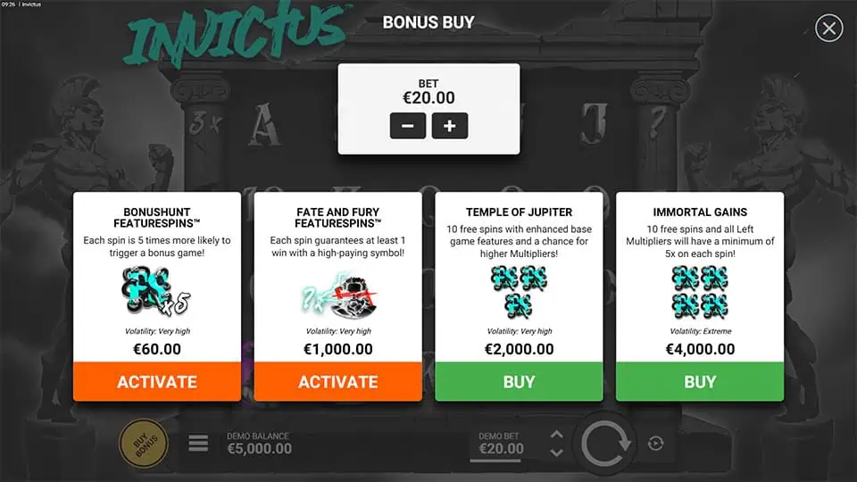 Bonus Buy menu offering four features like Bonushunt and Immortal Gains.