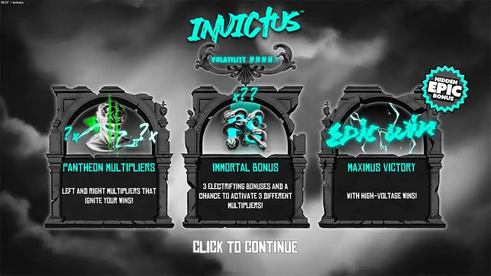 Intro screen showing Pantheon Multipliers, Immortal Bonus, and Maximus Victory with dramatic black-and-white visuals.