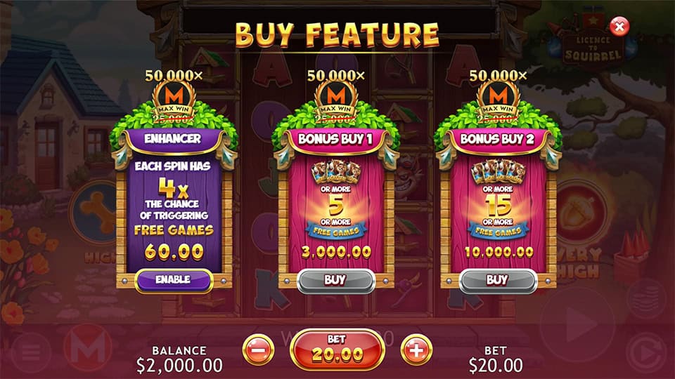 Bonus feature buy menu in Licence to Squirrel with Enhancer mode and two tiers of free spins purchases.
