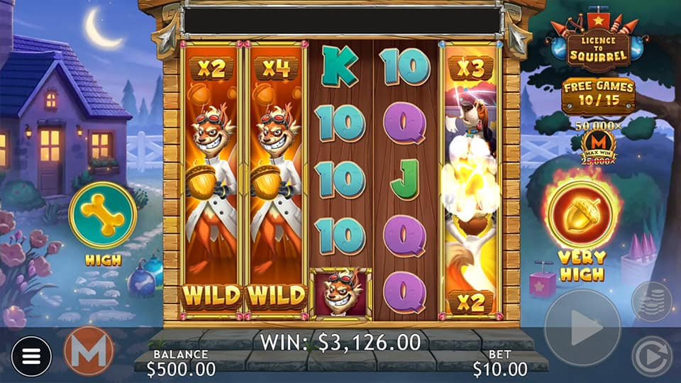Game screen showing expanding wild squirrels with x2 and x4 multipliers across the reels.