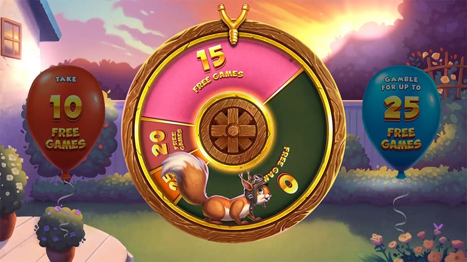 Gamble feature screen in Licence to Squirrel with a spinning wheel offering up to 25 free games.