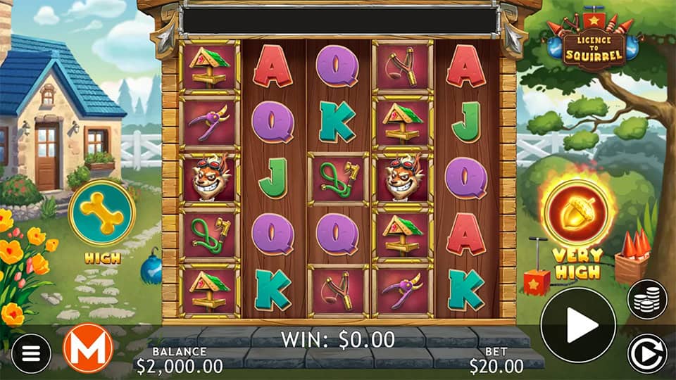 Base game screen of Licence to Squirrel with cartoon weapons, colorful reels, and animal characters.