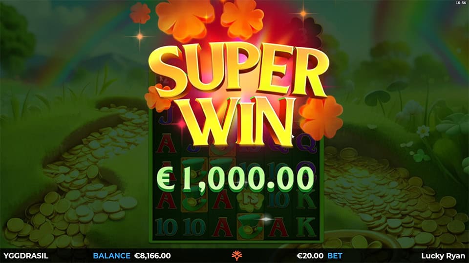 “Super Win” banner showing a €1,000.00 prize with clover leaves exploding and reels dimmed in the background.