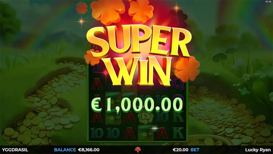 “Super Win” banner showing a €1,000.00 prize with clover leaves exploding and reels dimmed in the background.