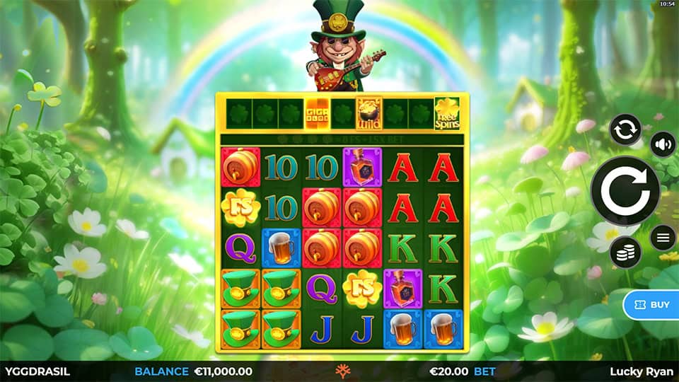 Main slot screen featuring colorful reels with beer, hats, and card symbols beneath a multiplier meter and a mischievous leprechaun.