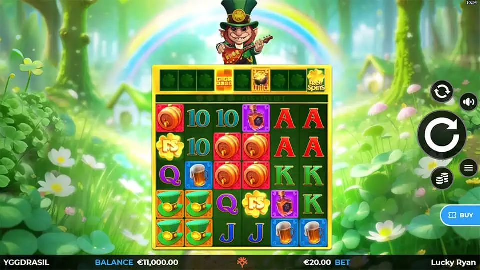 Main slot screen featuring colorful reels with beer, hats, and card symbols beneath a multiplier meter and a mischievous leprechaun.