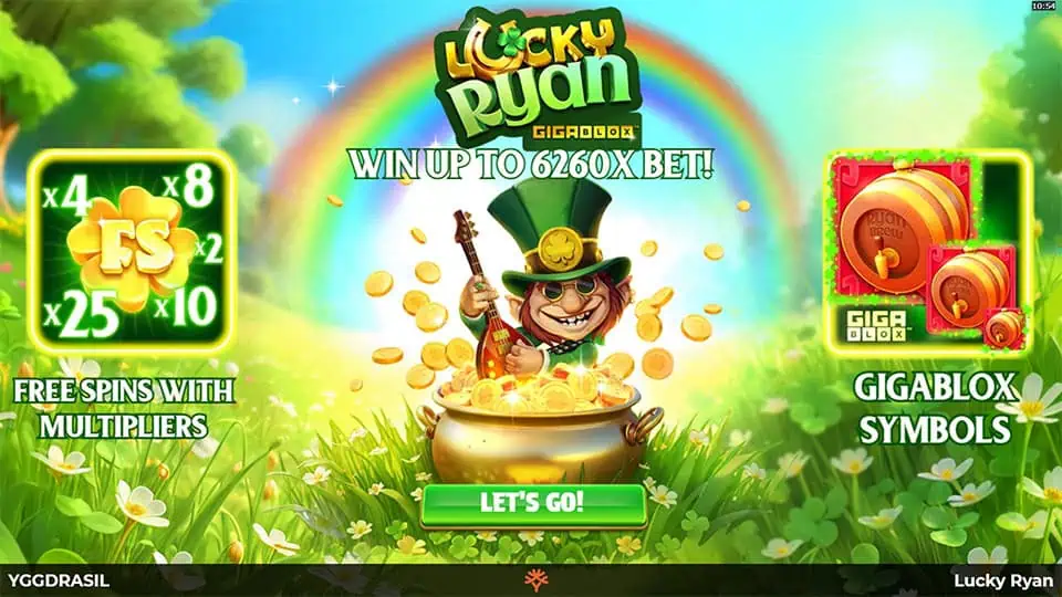 Game intro highlighting up to 6260x win potential, Gigablox symbols, and Free Spins with multipliers next to a pot of gold.