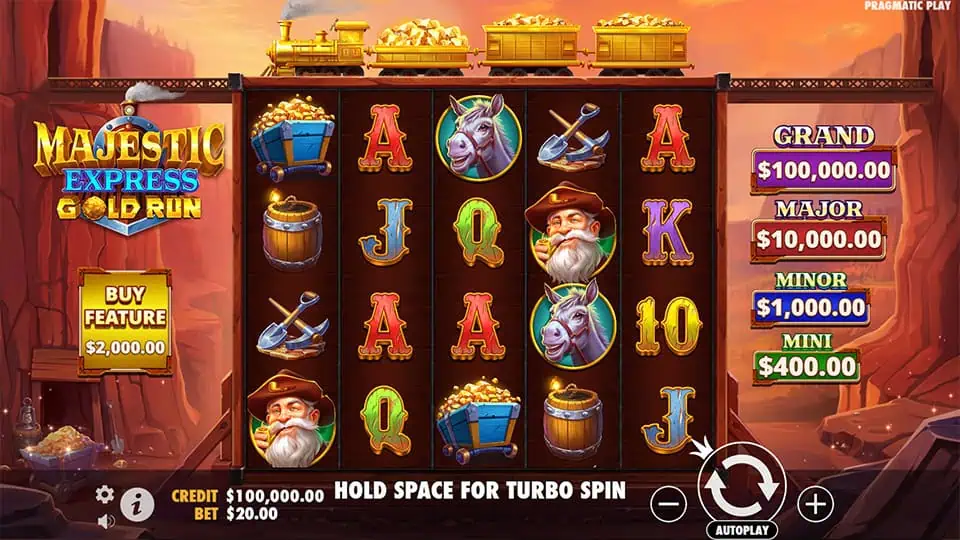 Base game screen with reels showing miners, donkeys, gold carts, and card symbols; bonus buy option on left panel.
