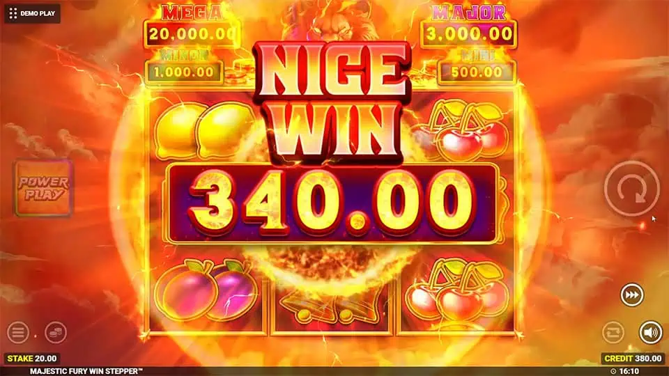 “Nice Win” banner with a 340.00 prize over fiery visuals, glowing fruits, and jackpot indicators lighting up the screen.