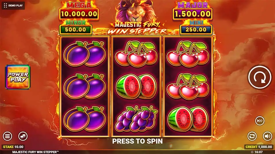 Classic fruit slot with symbols like cherries, grapes, and watermelons on three reels, set below jackpot prize counters.
