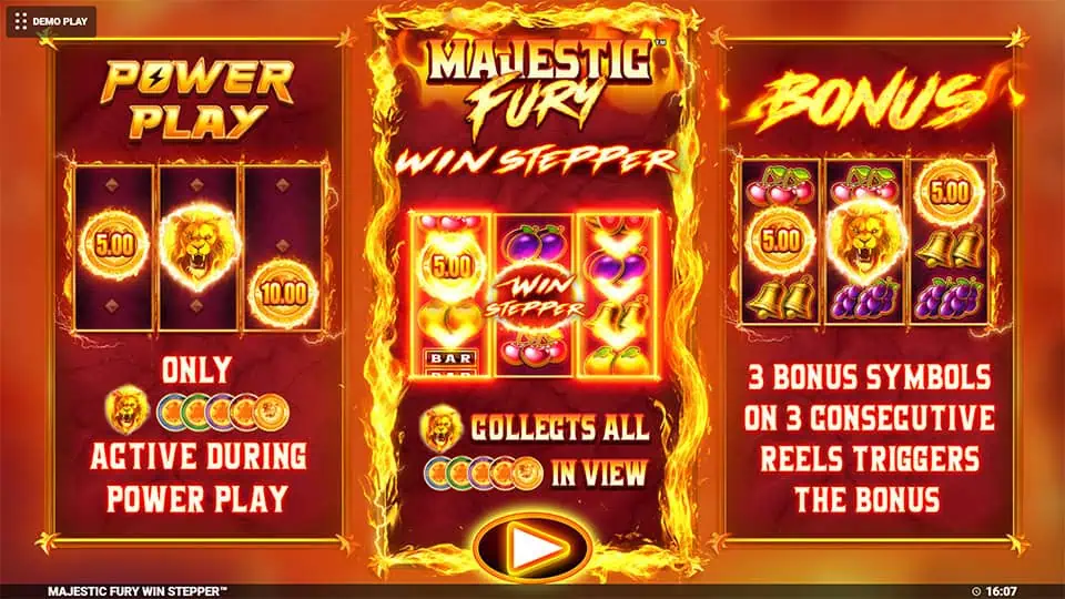 Game intro showing Power Play, Win Stepper mechanics, and Bonus trigger explanation with vibrant graphics and slot symbols.