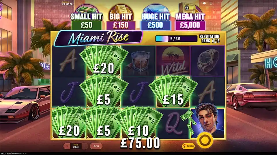 Winning screen filled with stacked dollar bills across the reels under the Small, Big, Huge, and Mega Hit tracker.
