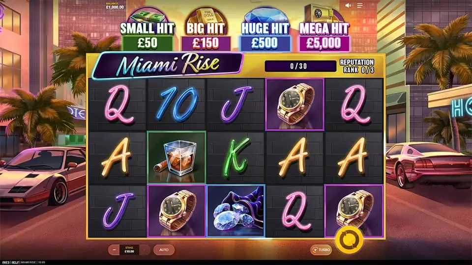 Slot interface with neon-styled card symbols, luxury watches, diamonds, and cityscape cars under the Miami twilight.