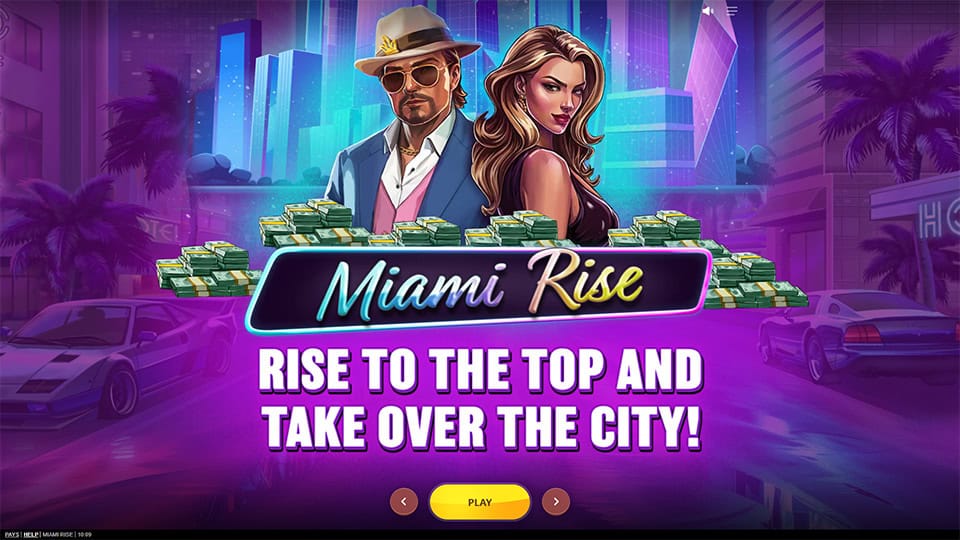 Intro screen with Miami Rise characters, neon-lit backdrop, and stacks of money promoting the takeover theme.