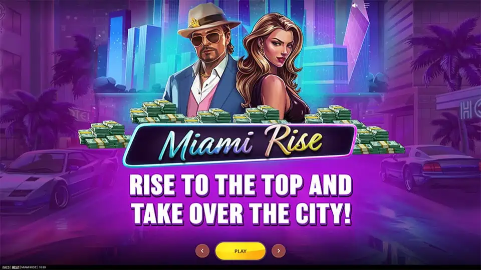 Intro screen with Miami Rise characters, neon-lit backdrop, and stacks of money promoting the takeover theme.