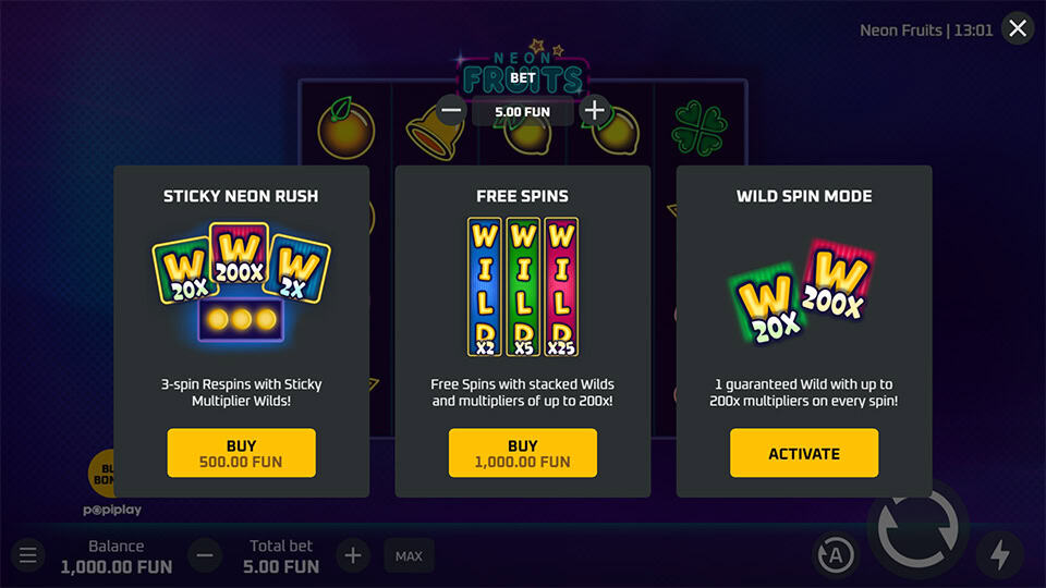 Bonus buy menu with Sticky Neon Rush, Free Spins, and Wild Spin Mode options.