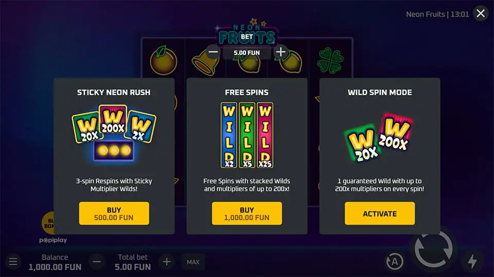 Bonus buy menu with Sticky Neon Rush, Free Spins, and Wild Spin Mode options.