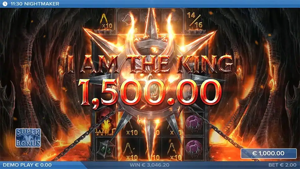 Win screen in Nightmaker showing "I AM THE KING" text and a €1,500.00 prize, surrounded by fire and molten spikes.
