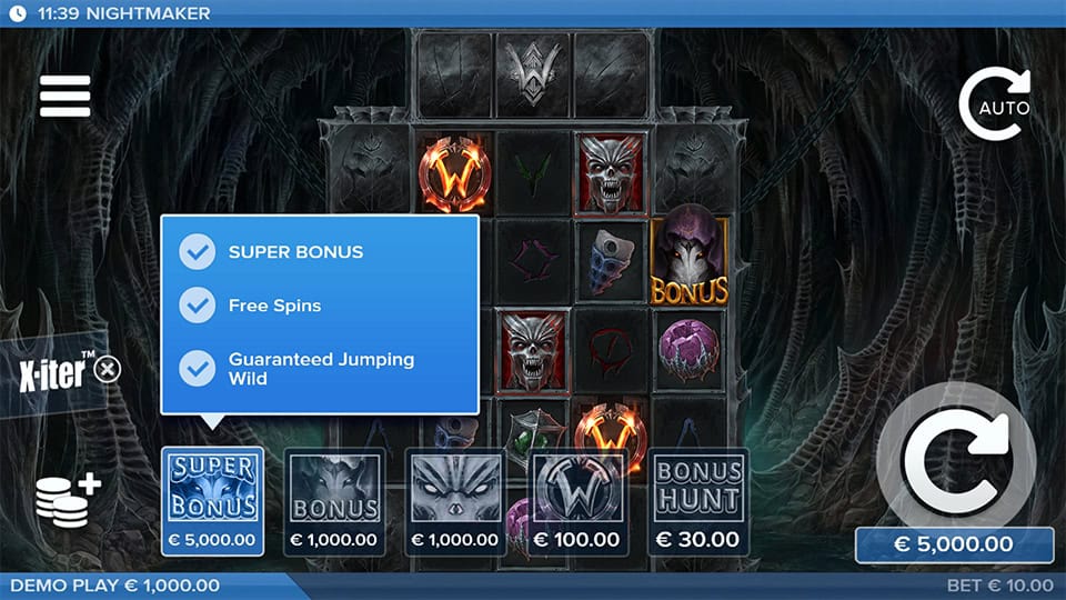 Bonus buy screen in Nightmaker offering options like Super Bonus, Bonus Hunt, and Guaranteed Wild with Euro prices.