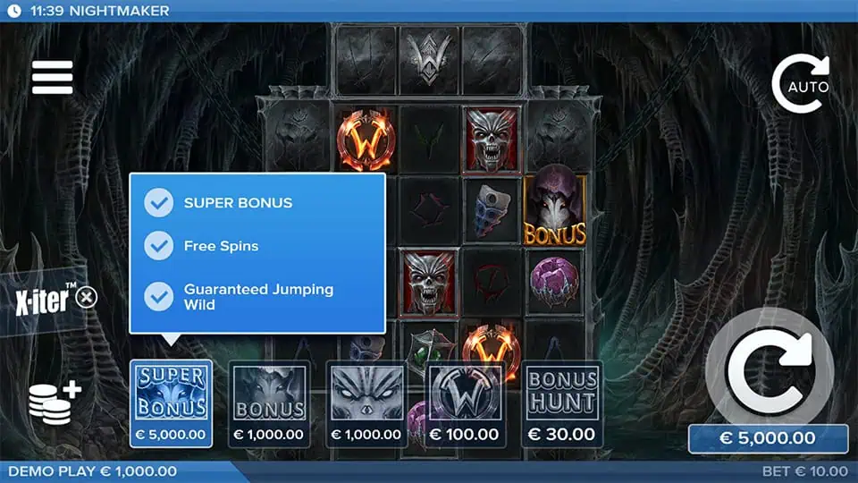 Bonus buy screen in Nightmaker offering options like Super Bonus, Bonus Hunt, and Guaranteed Wild with Euro prices.