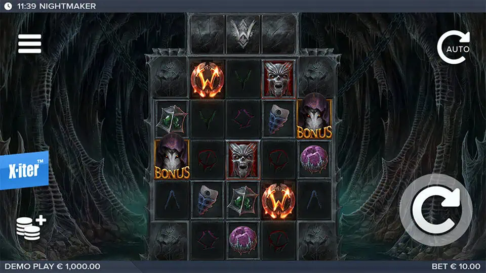 Base game screen of Nightmaker with a dark cavernous backdrop, reels filled with eerie symbols, and Bonus symbols appearing.