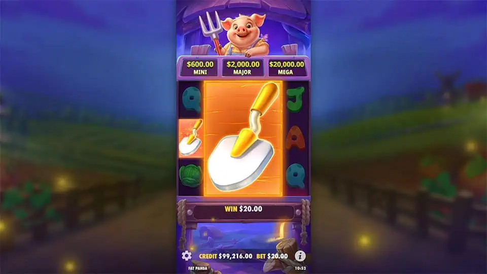 Pig Farm slot featuring a giant shovel symbol covering multiple reel spaces.