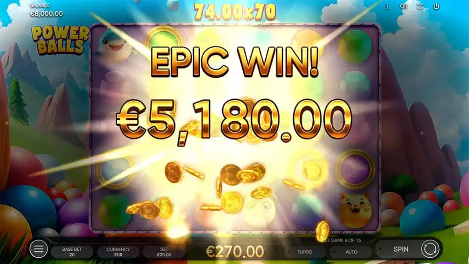 Epic Win animation in Power Balls displaying a bright explosion of coins and a €5,180.00 win over a glowing background.