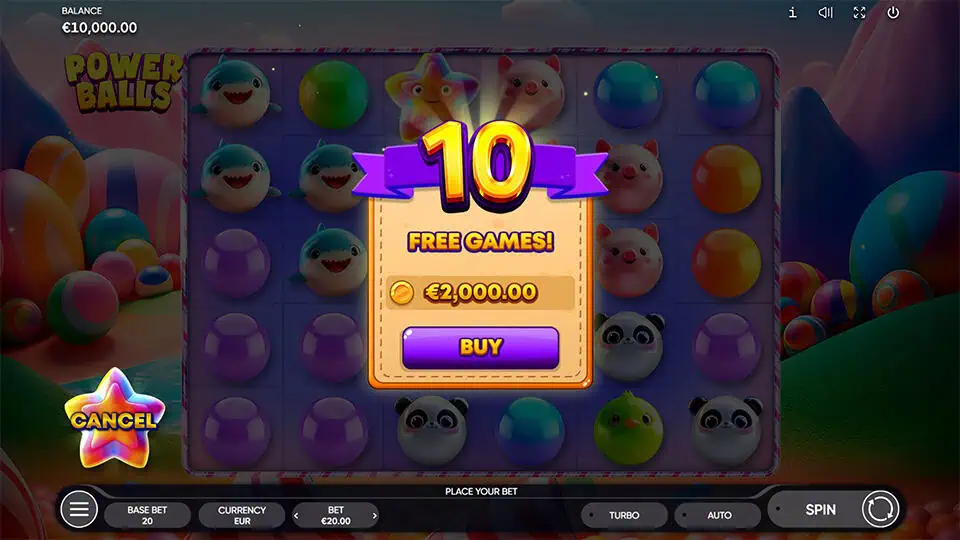 Bonus Pop screen in Power Balls offering 10 free games for x100 the bet.