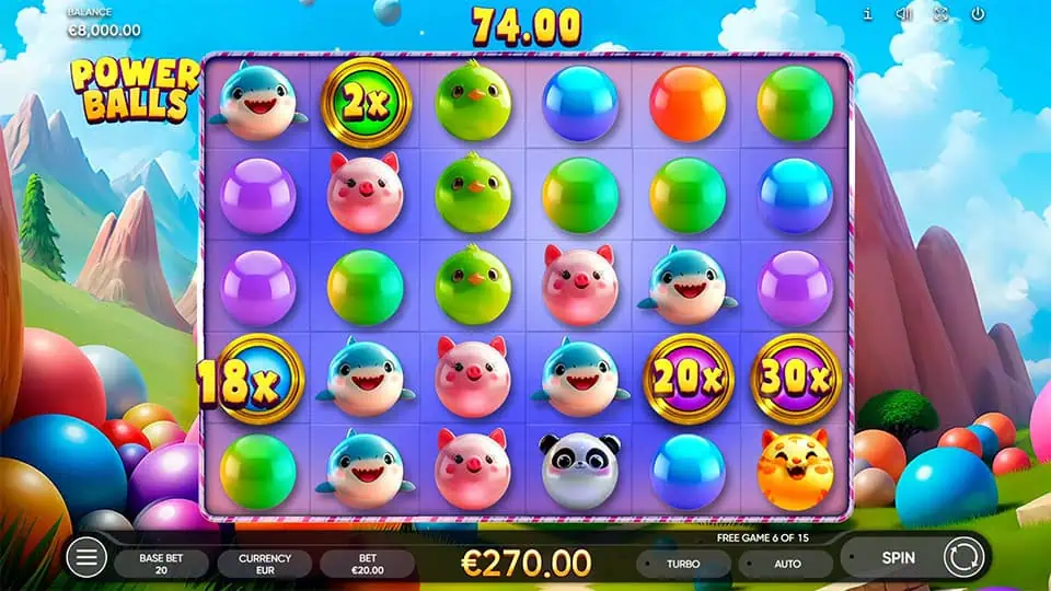 Gameplay screen in Power Balls featuring various multiplier bubbles like 2x, 18x, 20x, and 30x placed among animal bubble symbols.